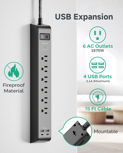 2 Pack 20FT Power Strip Surge Protector, Extension Cord Multiple Outlets