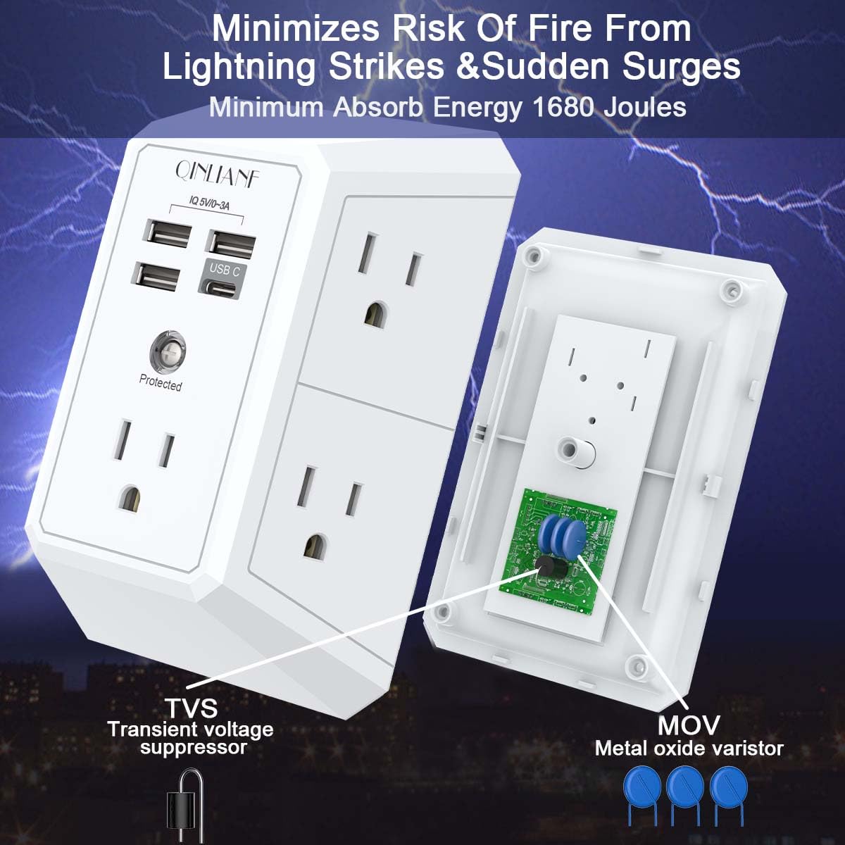 Surge Protector, QINLIANF 5 Outlet Extender with 4 USB Ports(2USB-C)