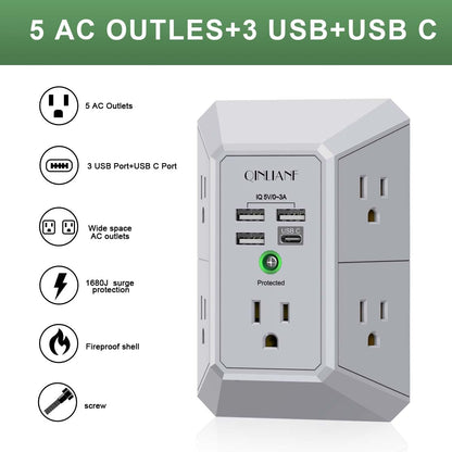 Surge Protector, QINLIANF 5 Outlet Extender with 4 USB Ports(2USB-C)
