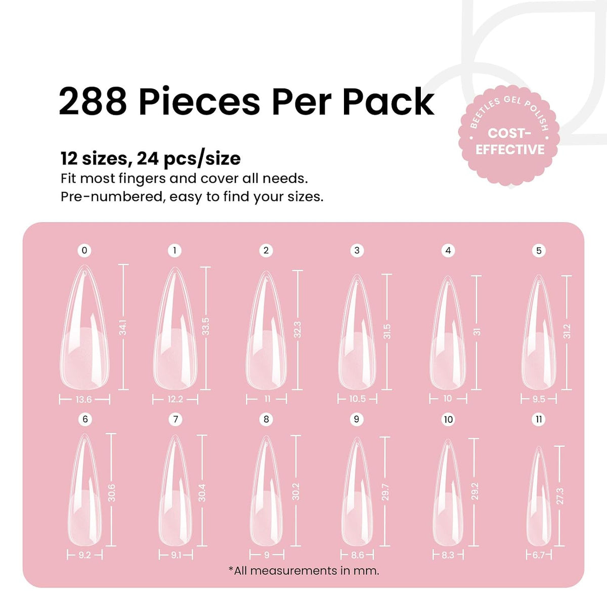 Beetles Soft Gel Nail Kit Almond Short 288pcs 12 Sizes Nail Tips with Glue