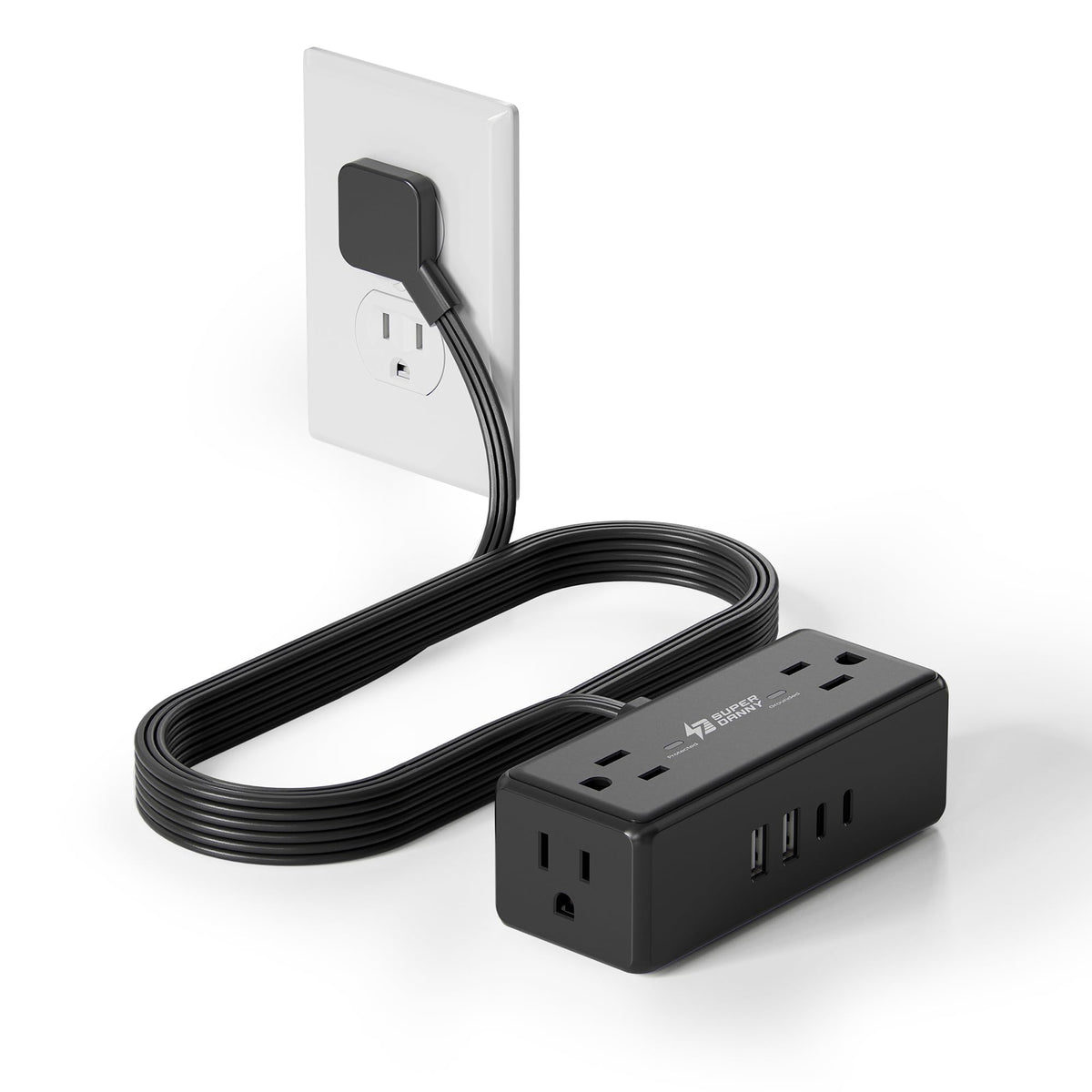 10Ft Long Extension Cord, SUPERDANNY Flat Plug Surge Protector Power Strip