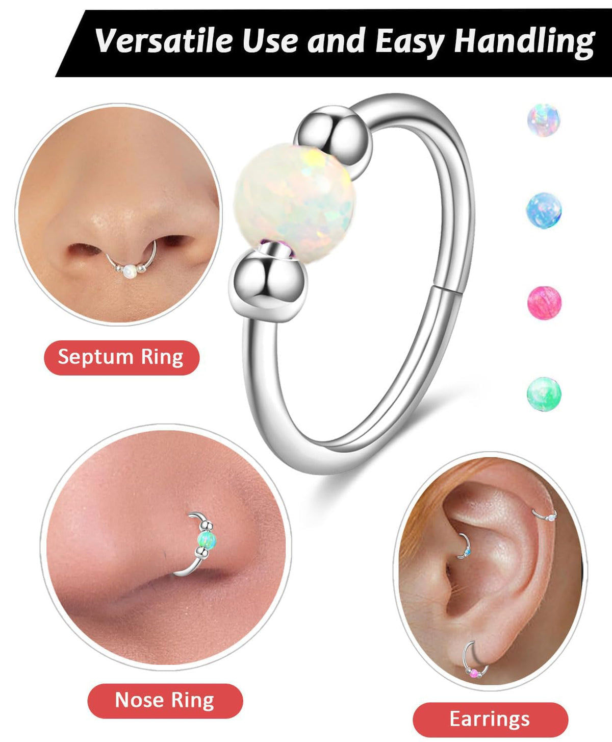 2PCS 18G Opal Cartilage Hoop Earrings, Hypoallergenic Silver Huggie Hoops