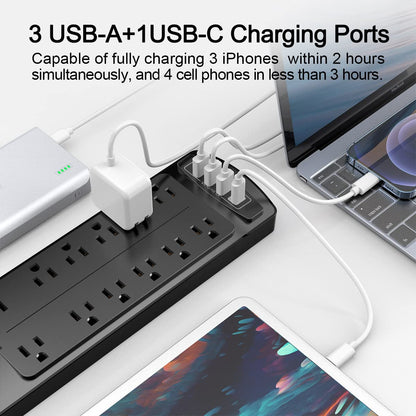 ALESTOR 10 Ft Surge Protector Power Strip with 12 Outlets and 4 USB Ports