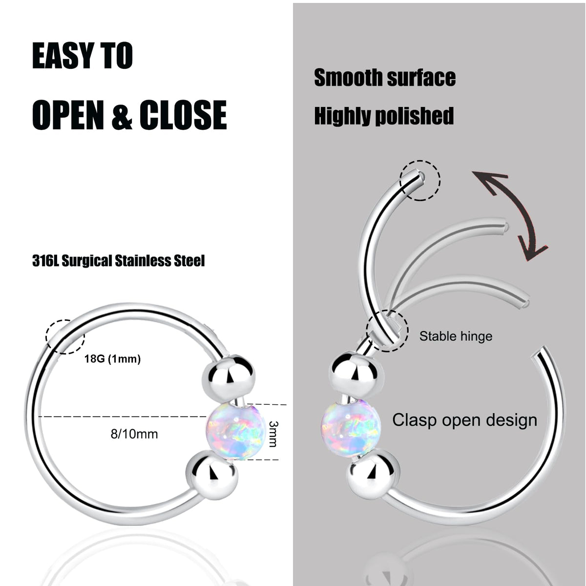 2PCS 18G Opal Cartilage Hoop Earrings, Hypoallergenic Silver Huggie Hoops