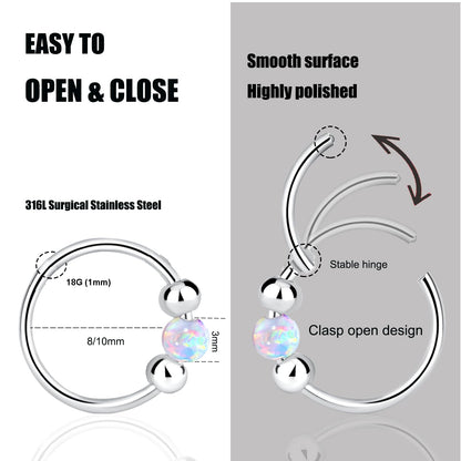2PCS 18G Opal Cartilage Hoop Earrings, Hypoallergenic Silver Huggie Hoops