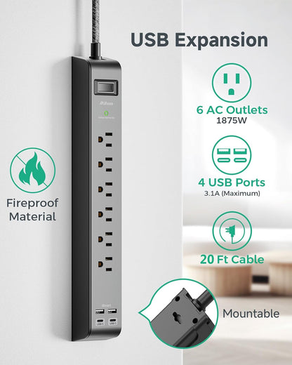 2 Pack 20FT Power Strip Surge Protector, Extension Cord Multiple Outlets
