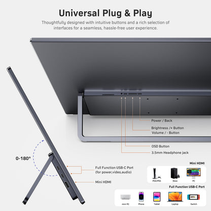 MNN 15.6" 4K Portable Monitor, UHD IPS, USB-C HDMI, with Smart Cover Stand