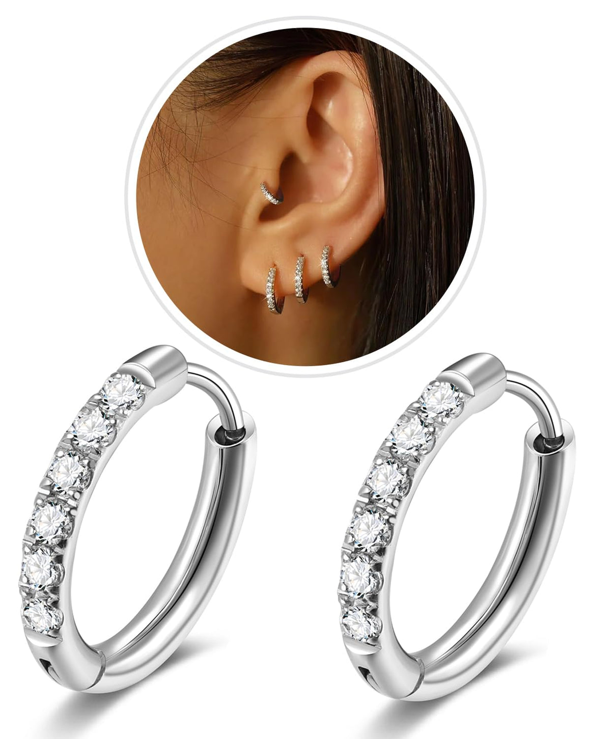 CZ Huggie Hoop Earrings, Stainless Steel Small Hoop Earrings