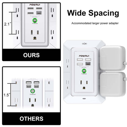 Multi Plug Wall Outlet Night Light, POWRUI 6 Outlet Extender & 3 USB Ports