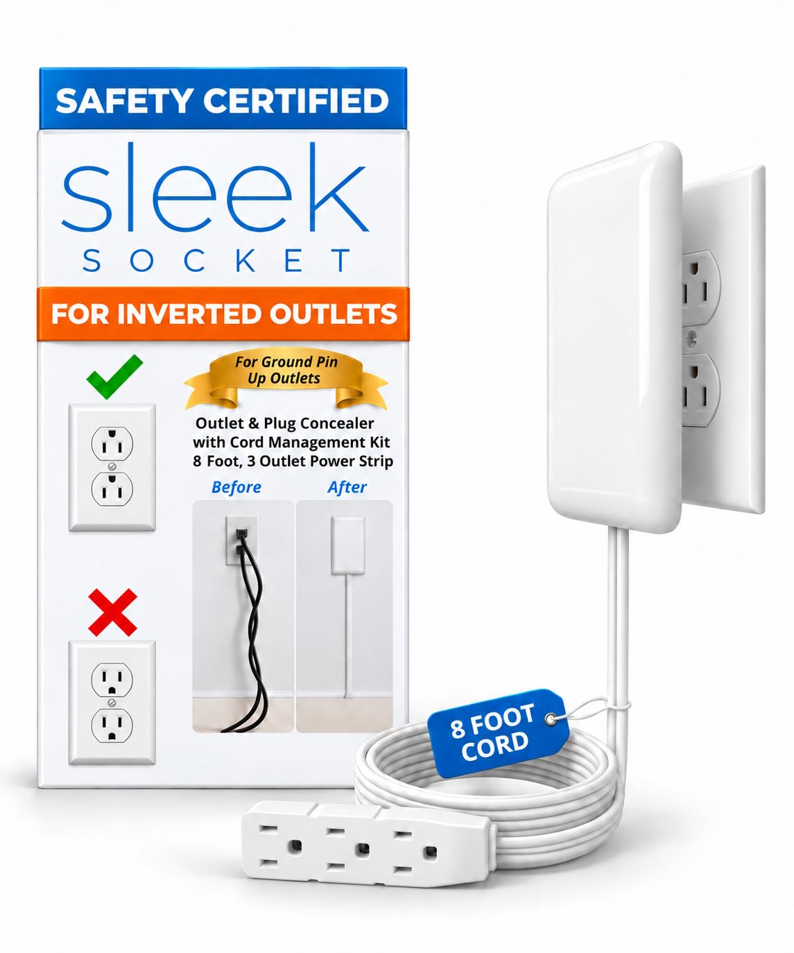 Sleek Socket Original & Patented Ultra-Thin Outlet Concealer with Cord Concealer Kit, Flat Extension Cord with Multi Outlets Power Strip, Ideal for Home Improvement, Hide Bulky and Messy Cords