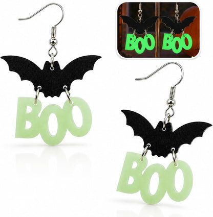 Glow in the Dark Halloween Earrings, Bat Ghost Coffin Boo Dangle Earrings