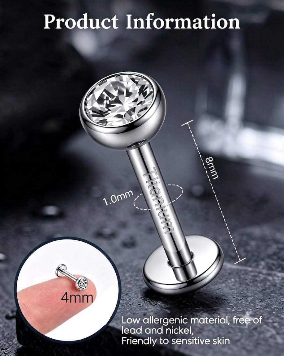 2Pcs Implant Titanium Threadless Flat Back 5A CZ Stud Earrings