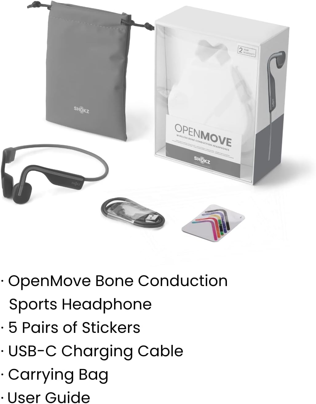 SHOKZ OpenMove - Open-Ear Bluetooth Sport Headphones - Bone Conduction Wireless Earphones - Sweatproof for Running and Workouts, with Sticker Pack (Grey)