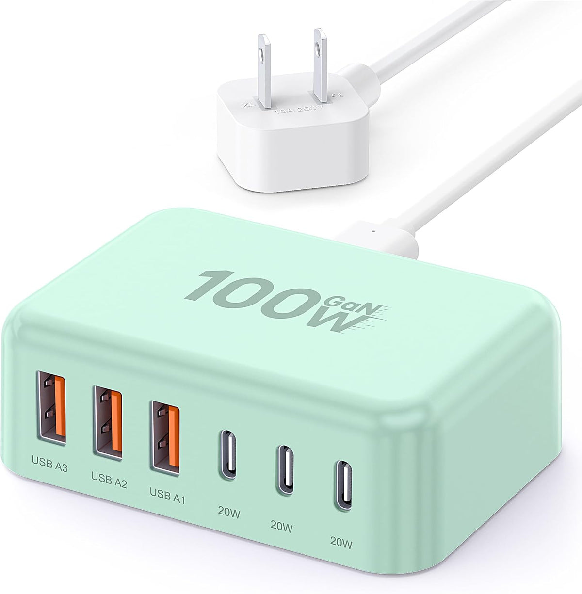 USB Fast Charger Block 50% Smaller 100W Max 6-Port GaN USB Charging Station
