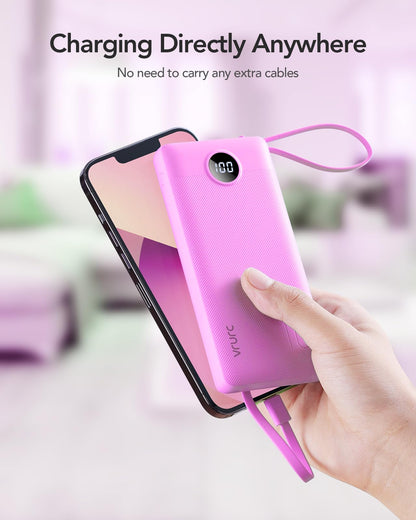 VRURC Portable Charger, Built in 4 Cables & Lanyard Power Bank 10000mAh