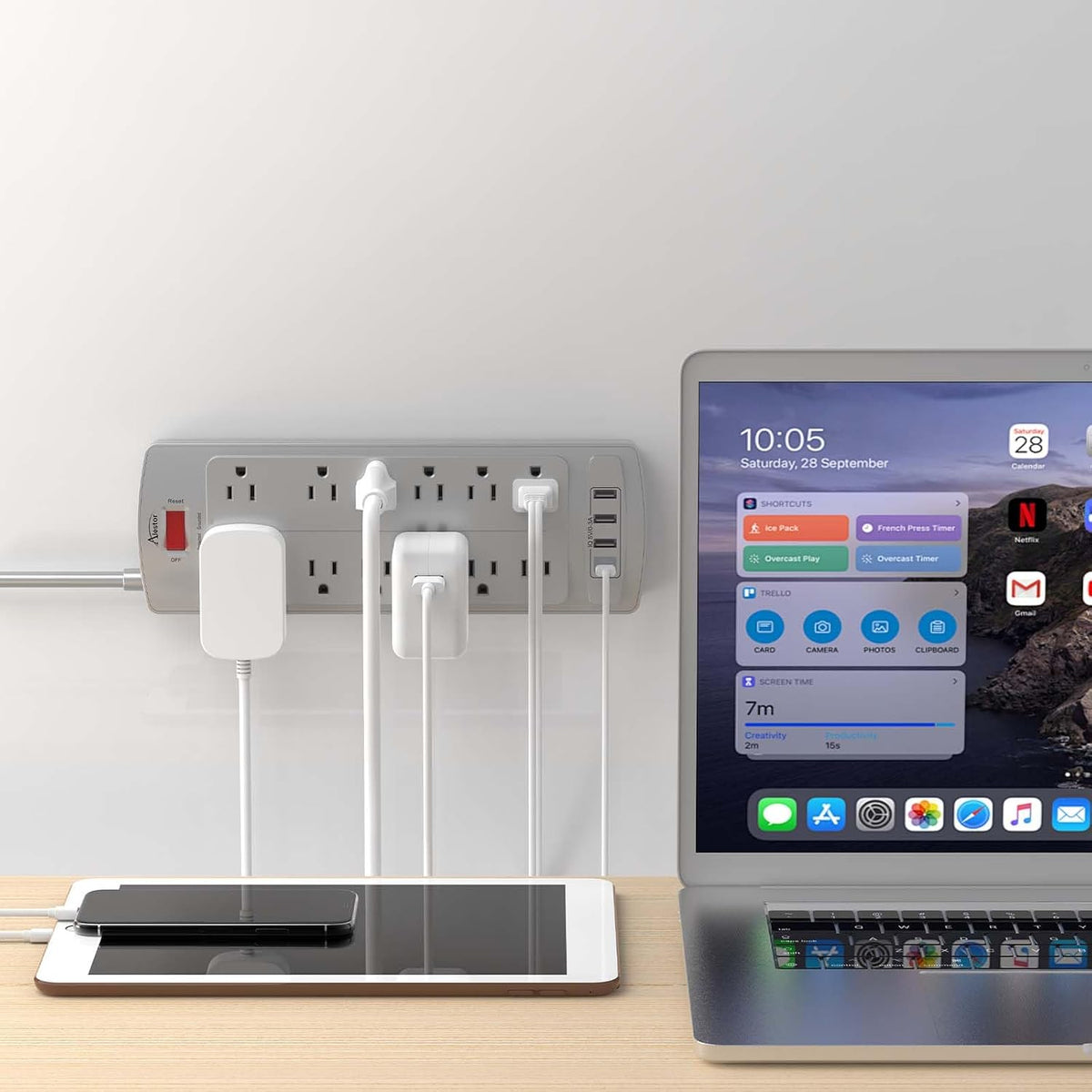 ALESTOR 10 Ft Surge Protector Power Strip with 12 Outlets and 4 USB Ports