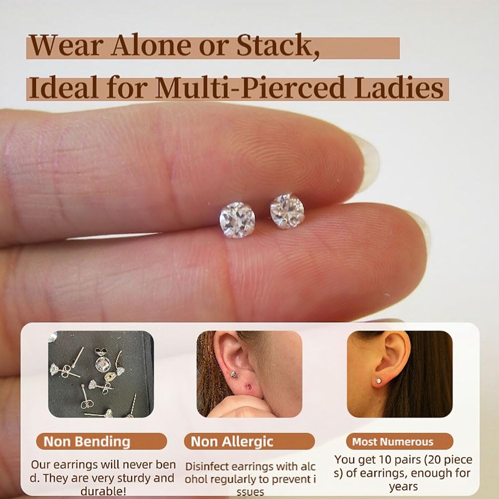 10 Pairs Small Stud Earrings for Women Hypoallergenic Multiple Piercings