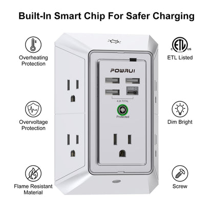 Multi Plug Wall Outlet Night Light, POWRUI 6 Outlet Extender & 3 USB Ports