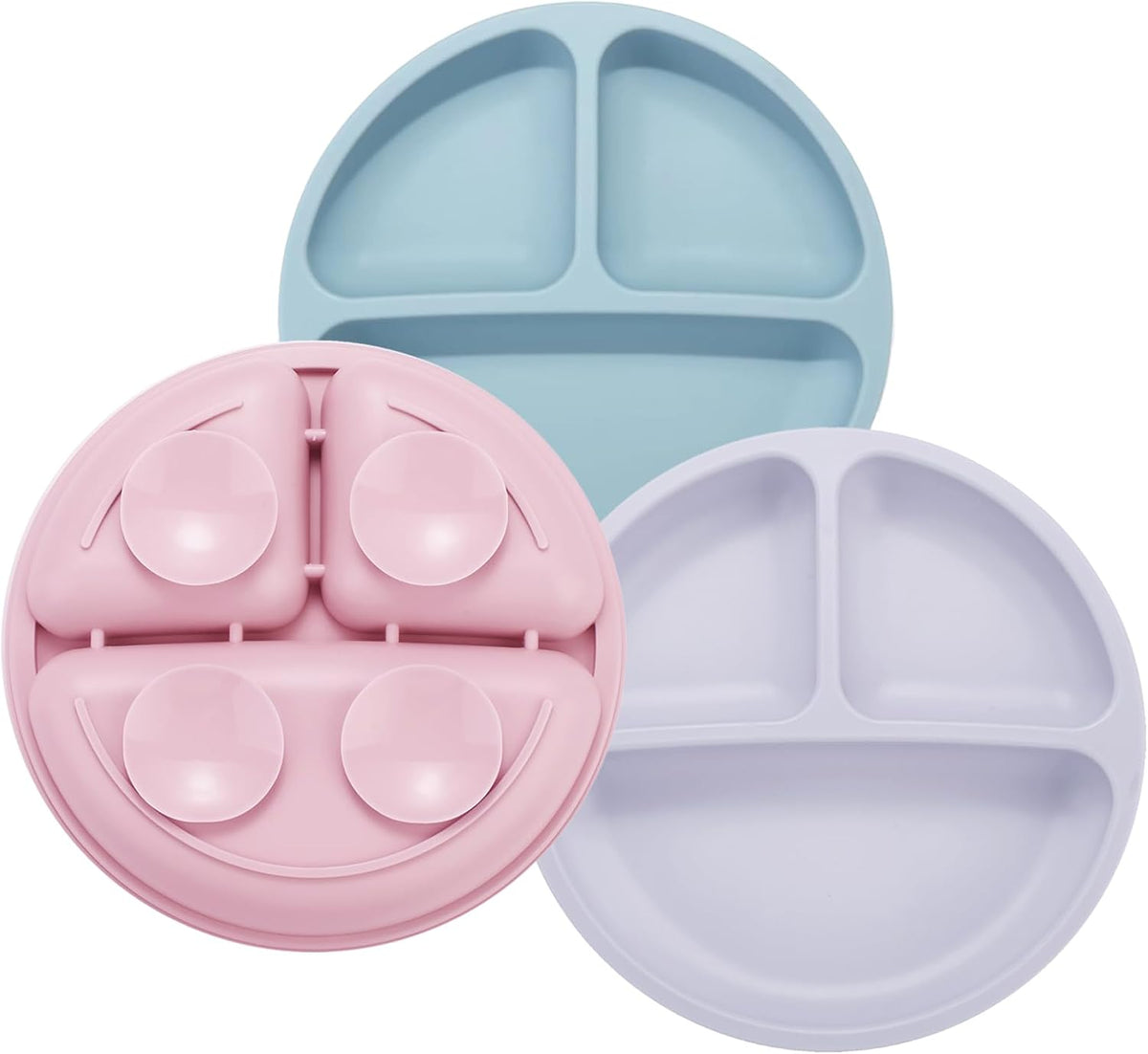 PandaEar 3 Pack Toddler Plates, Silicone Divided Suction Plate for Babies, BPA-Free 100% Food-Grade Silicone Unbreakable Baby Plate (Pink/Purple/Blue, Without Lids)