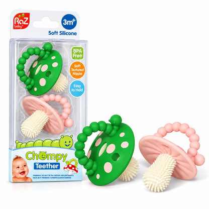 RaZbaby Soft Silicone Infant & Baby 3M+ Teether Toy Massaging Bristles Teething Relief Pacifier - Soothes Sore Gums - Hands-Free & Easy-to-Hold Chompy Teether, BPA Free (RED/Blue)