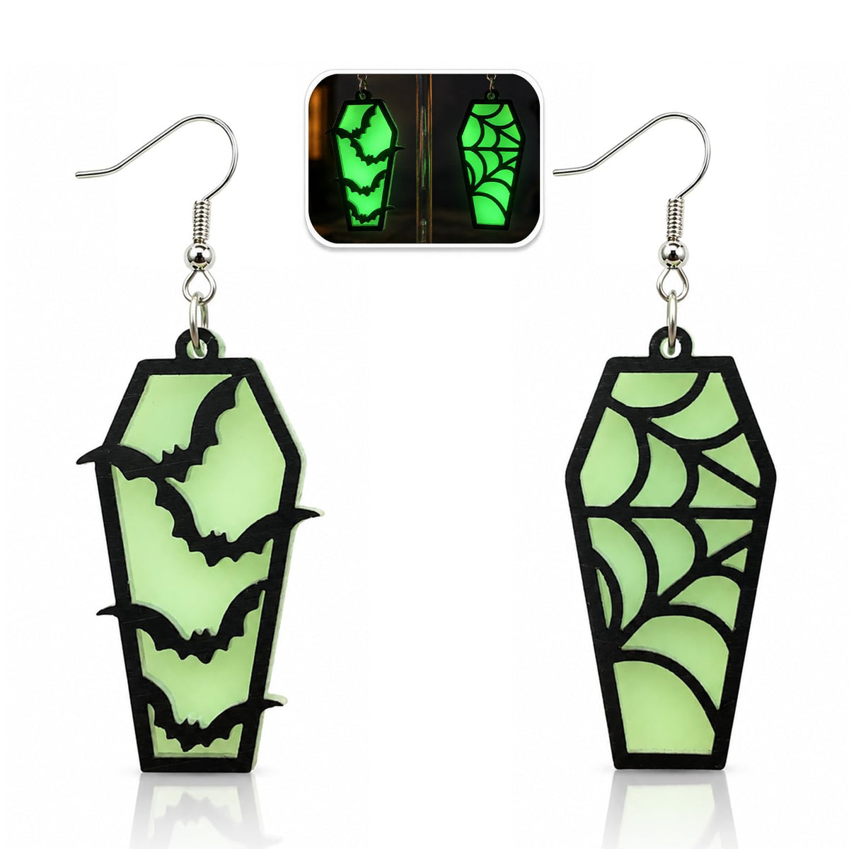 Glow in the Dark Halloween Earrings, Bat Ghost Coffin Boo Dangle Earrings