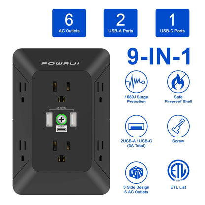 Multi Plug Wall Outlet Night Light, POWRUI 6 Outlet Extender & 3 USB Ports
