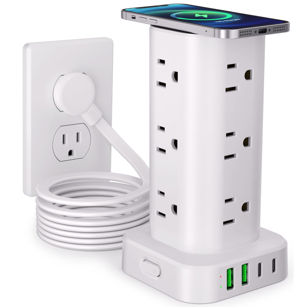 6FT Power Strip Tower Surge Protector, 12 Wide Spaced Outlets, 4 USB