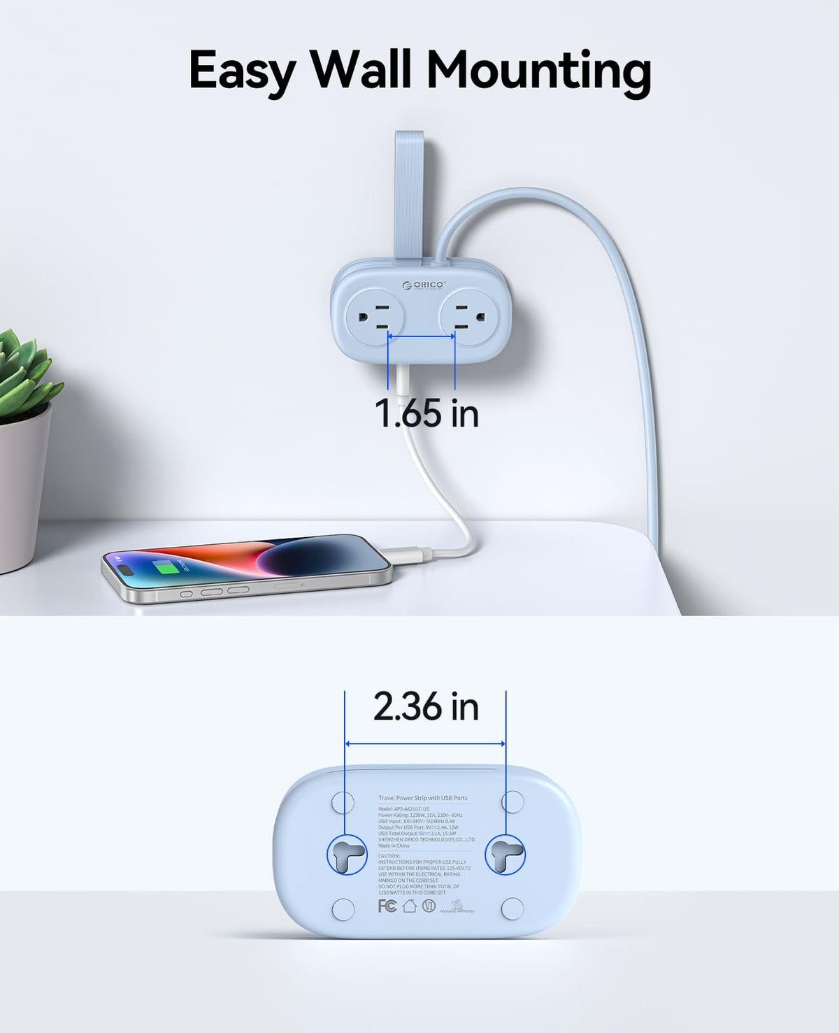 ORICO Purple Cruise Approved Travel Power Strip with 4FT Extension Cord