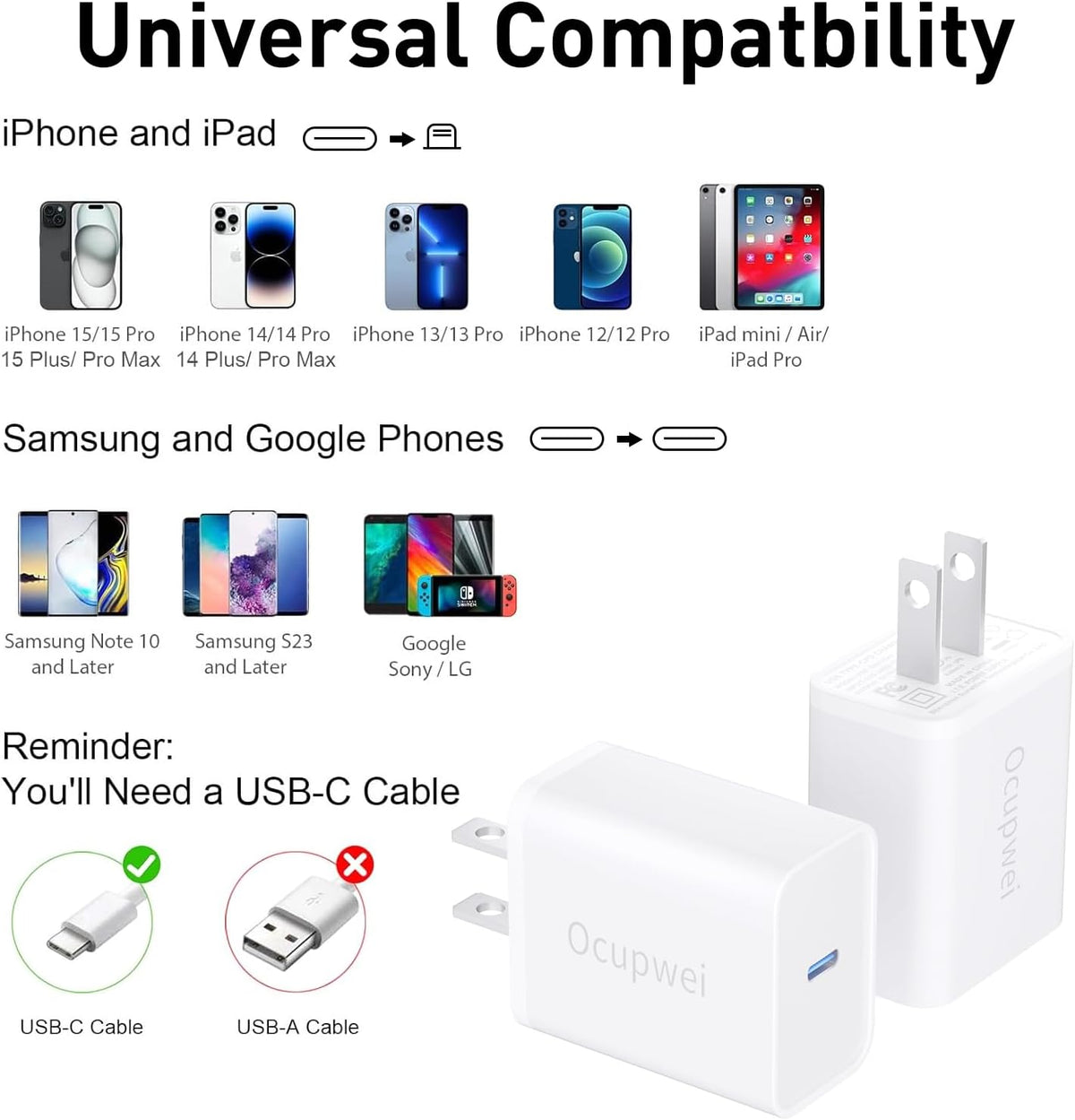 USB C Charger Block 20W, Ocupwei PD 3.0 Fast Charging Wall Charger USBC Power Adapter Type C Brick Cube for iPhone Duo/18/17/Pro/Pro Max/17 Air/ 16/16 Pro/16 Pro Max/15/Plus/Pro/Pro Max [2 Pack]