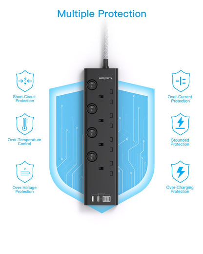 Extension Lead with USB Slots(2 USB C), 4 Way Plug Extension Socket, 1.8M