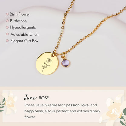 Birth Flower Necklaces for Women, 18K Gold Plated Birthstone Necklaces