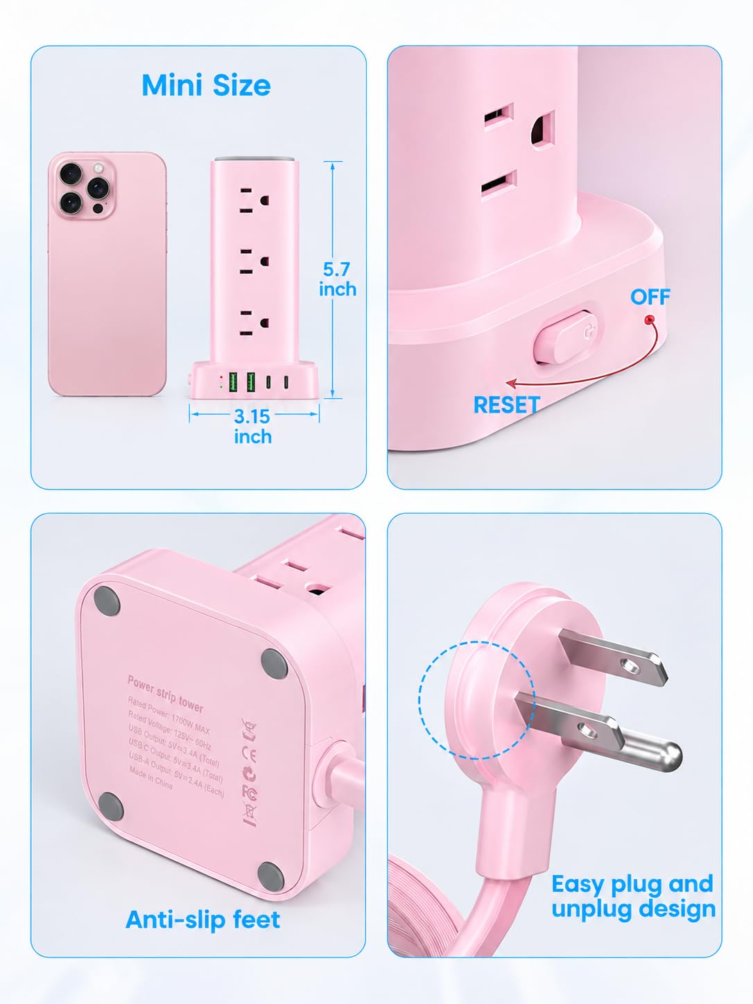 6FT Power Strip Tower Surge Protector, 12 Wide Spaced Outlets, 4 USB