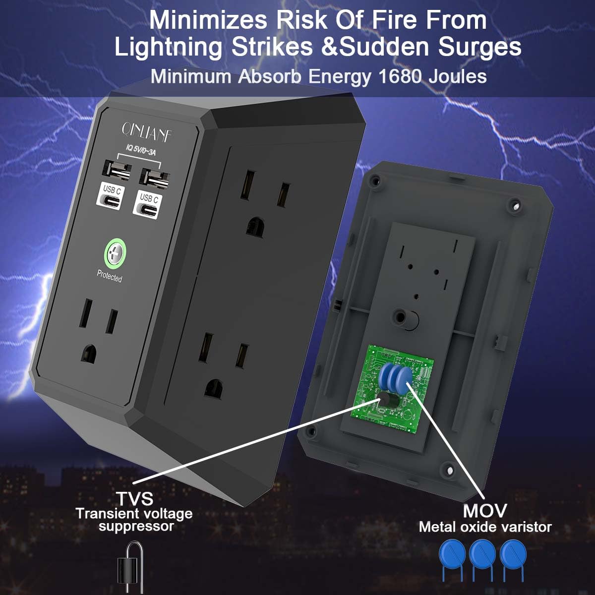 Surge Protector, QINLIANF 5 Outlet Extender with 4 USB Ports(2USB-C)