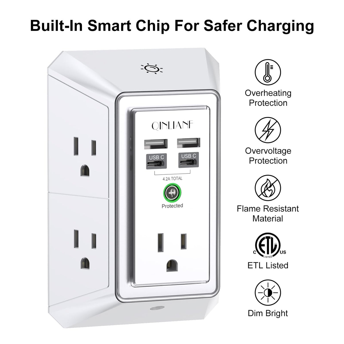 Surge Protector, QINLIANF 5 Outlet Extender with 4 USB Ports(2USB-C)