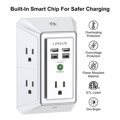 Surge Protector, QINLIANF 5 Outlet Extender with 4 USB Ports(2USB-C)