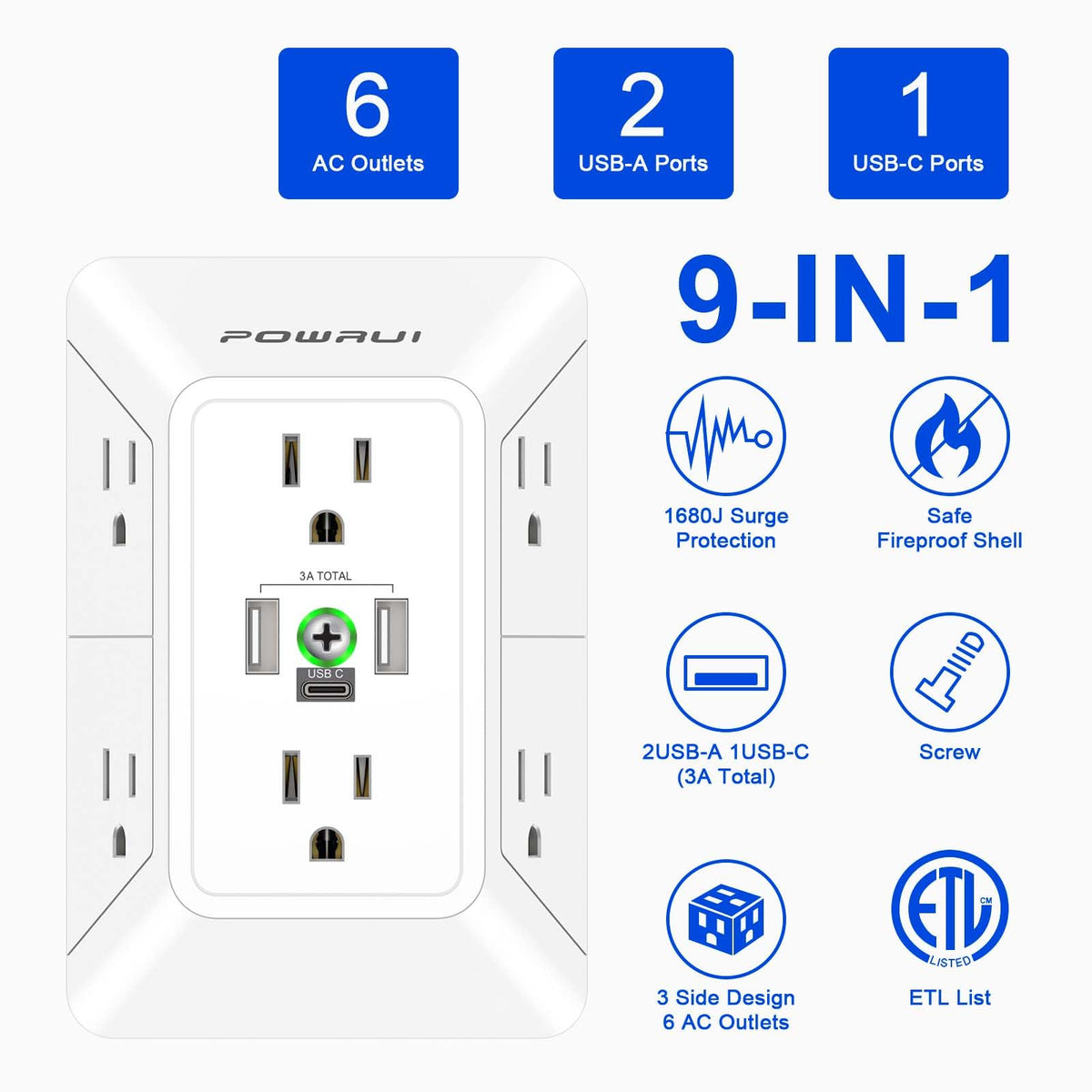 Multi Plug Wall Outlet Night Light, POWRUI 6 Outlet Extender & 3 USB Ports