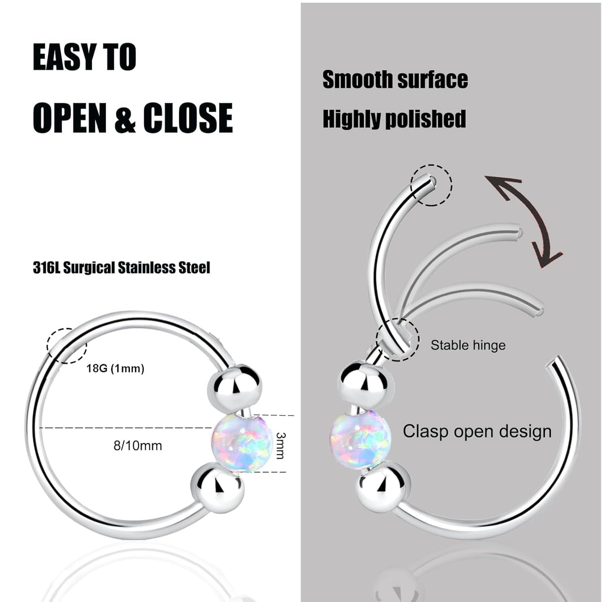 2PCS 18G Opal Cartilage Hoop Earrings, Hypoallergenic Silver Huggie Hoops