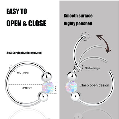 2PCS 18G Opal Cartilage Hoop Earrings, Hypoallergenic Silver Huggie Hoops