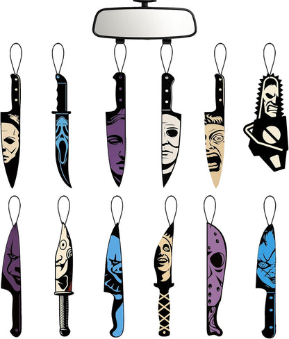 Horror Car Air Fresheners 12-Pack, Scary Movie Hanging Decorations for Rearview Mirror, Novelty Knife & Chainsaw Design Freshies, Halloween Car Accessories Gift Set (12knife)
