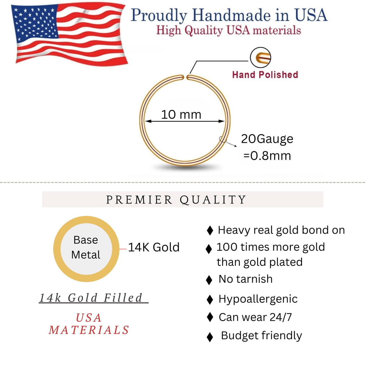 Small Thin Gold or Sterling Silver Nose Ring Hoop for Women, 20G/22G/24G