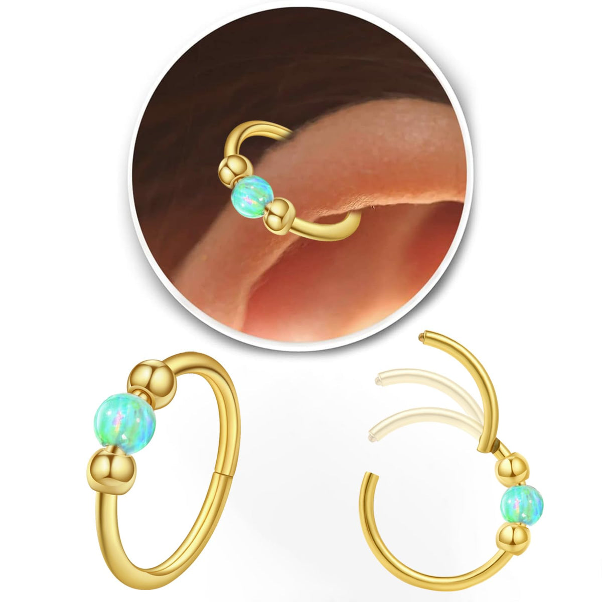 2PCS 18G Opal Cartilage Hoop Earrings, Hypoallergenic Silver Huggie Hoops
