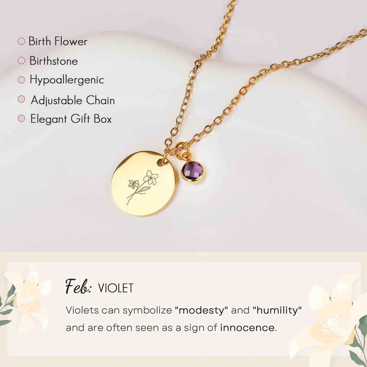 Birth Flower Necklaces for Women, 18K Gold Plated Birthstone Necklaces