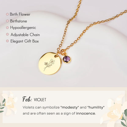 Birth Flower Necklaces for Women, 18K Gold Plated Birthstone Necklaces
