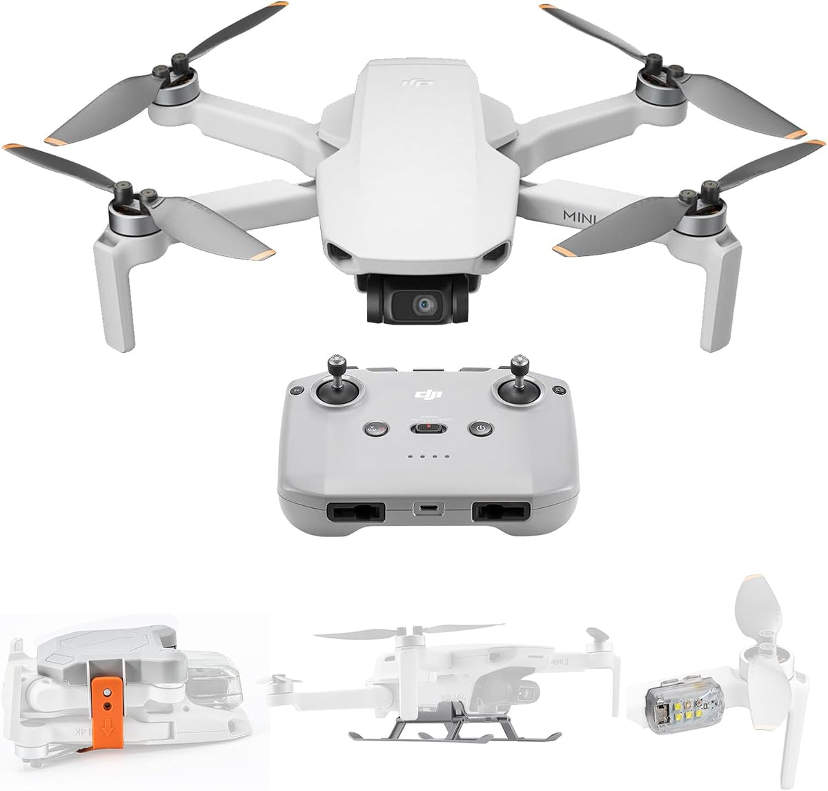 DJI Mini 4k Drone with Strobe Light, Landing Gear, Propeller Holder Strap