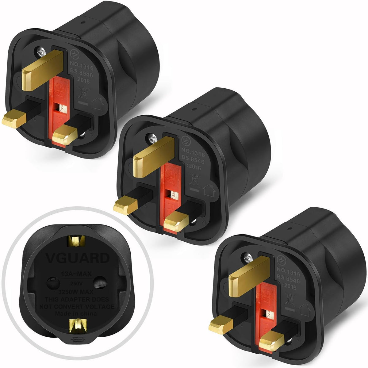 VGUARD European to UK Plug Adaptor, BS8546 Certified EU to UK Adapter