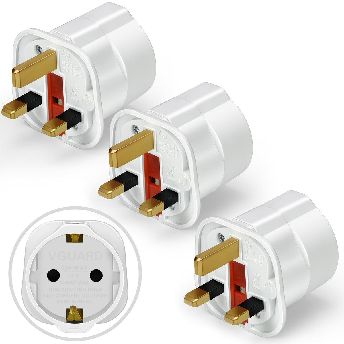 VGUARD European to UK Plug Adaptor, BS8546 Certified EU to UK Adapter