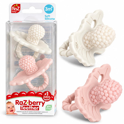 RaZbaby RaZberry Silicone Teether Pacifier – Teething Relief for Infants, Food-Grade, Hands & BPA Free, Natural Berrybumps Fruit Texture for Sensory Development, Freezable, 2-Pack - Lavender & Pink