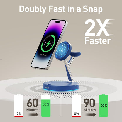 【Adjustable Blue Ambient Light】 Wireless Charger 3 in 1 for iPhone, Magnetic Charging Station for Apple Family,15W Fast MagSafe Charger Stand,for iPhone17-12-iWatch AirPods Series
