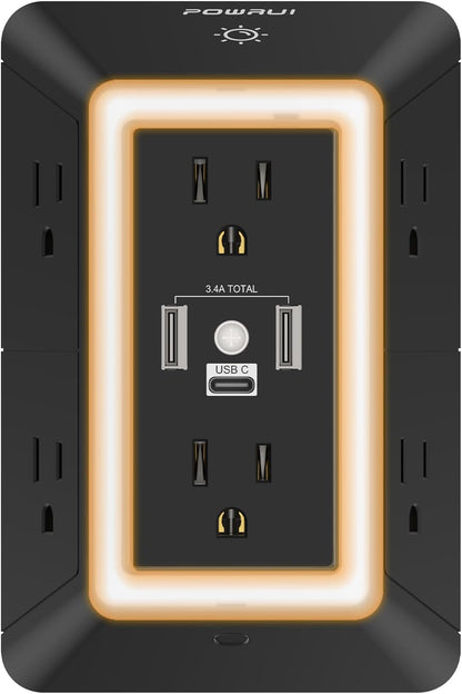 Multi Plug Wall Outlet Night Light, POWRUI 6 Outlet Extender & 3 USB Ports