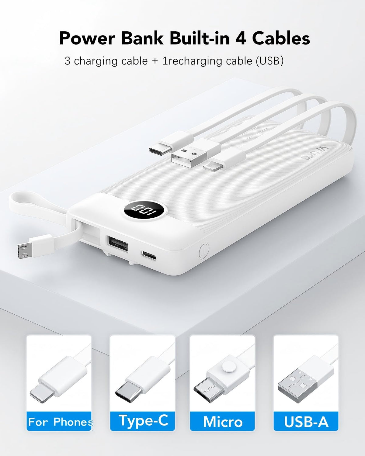 VRURC Portable Charger, Built in 4 Cables & Lanyard Power Bank 10000mAh